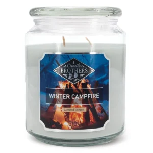 Winter-Campfire-Duftkerze im Glas mit zwei Dochten und Frontetikett