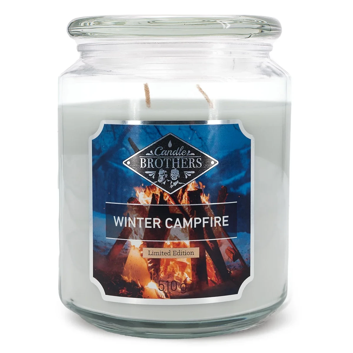 Candle Brothers Winter Campfire Kerze Winter-Campfire-Duftkerze im Glas mit zwei Dochten und Frontetikett