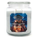 Winter-Campfire-Duftkerze im Glas mit zwei Dochten und Frontetikett