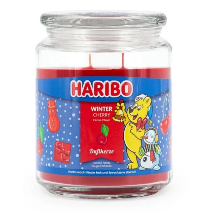 Haribo Winter Cherry Duftkerze im Glas mit sichtbarem Etikett