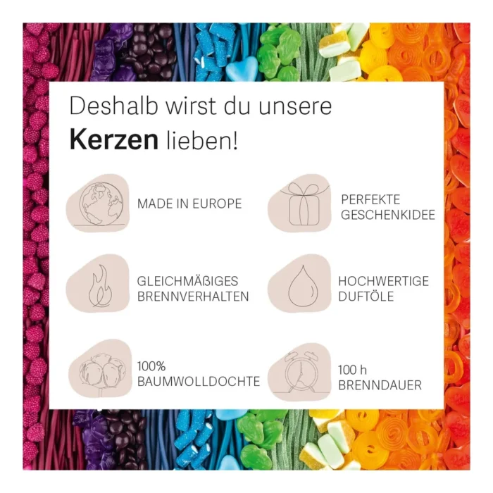 Infografik mit sichtbaren Angaben zu Kerzeneigenschaften und 100 Stunden Brenndauer