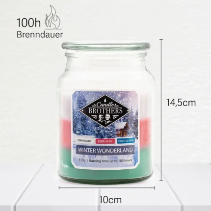 Winter Wonderland Kerze im Glas mit 14,5 Zentimeter Höhe und 10 Zentimeter Durchmesser