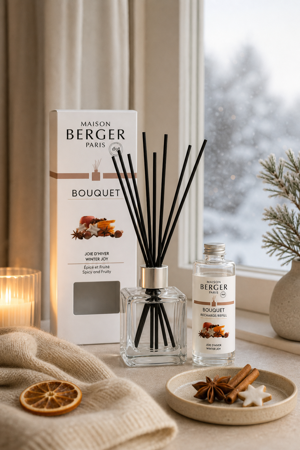 Maison Berger Diffuser mit Verpackung und Nachfüllflasche vor verschneitem Fenster