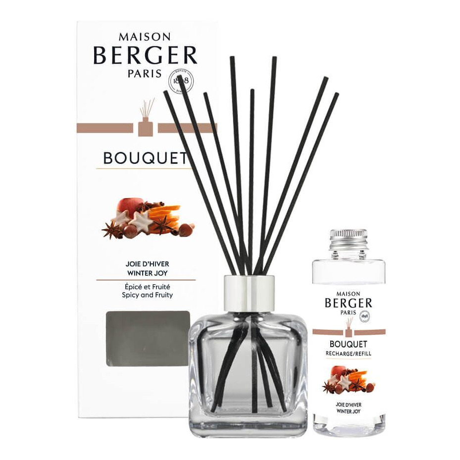 Diffuser-Set mit Winter Joy Nachfüllung Transparenter Diffuser mit schwarzen Duftstäbchen neben Winter Joy Nachfüllflasche