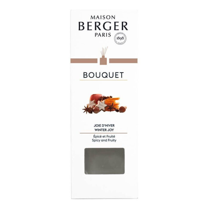 Maison Berger Paris Verpackung für Bouquet Winter Joy mit Gewürz- und Fruchtmotiv