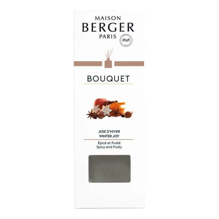 Maison Berger Paris Verpackung für Bouquet Winter Joy mit Gewürz- und Fruchtmotiv
