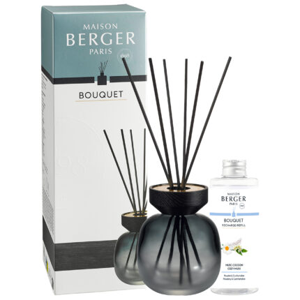 Schwarzer Raumduft-Diffuser mit Duftstäbchen neben Verpackung und Nachfüllflasche