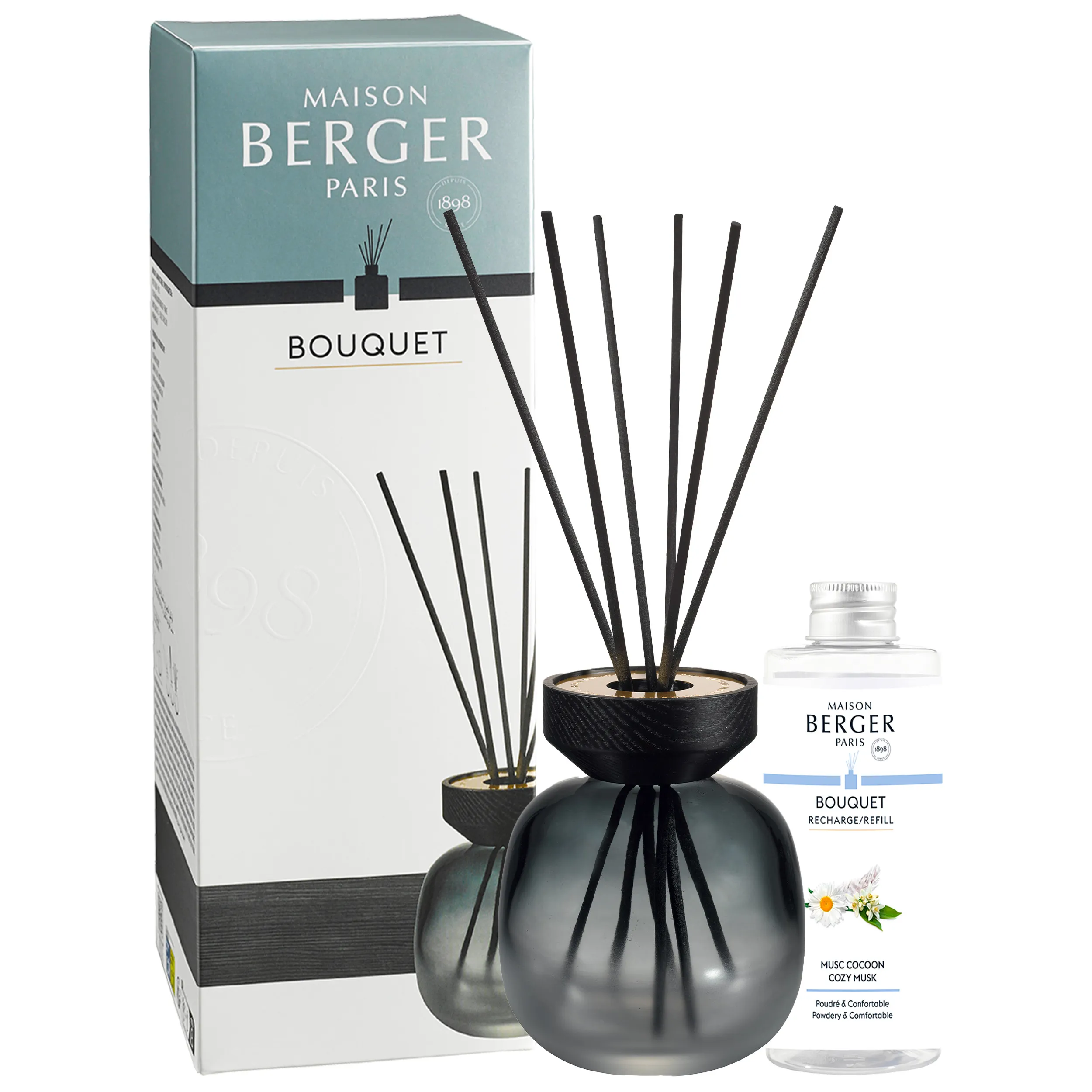 Diffuser-Set mit Verpackung Schwarzer Raumduft-Diffuser mit Duftstäbchen neben Verpackung und Nachfüllflasche