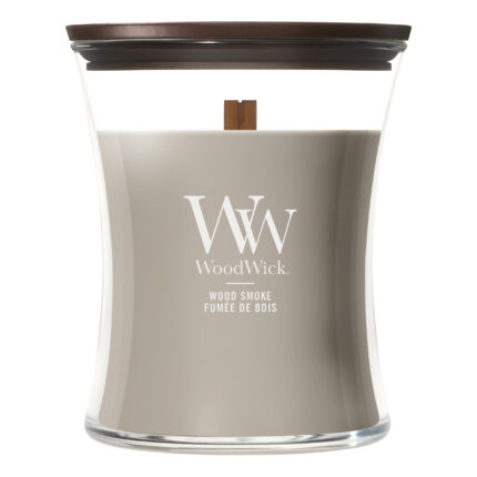 WoodWick Wood Smoke Kerze im Glas frontal vor weißem Hintergrund