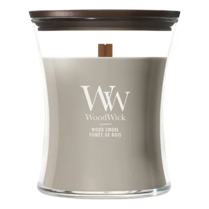 WoodWick Wood Smoke Kerze im Glas frontal vor weißem Hintergrund