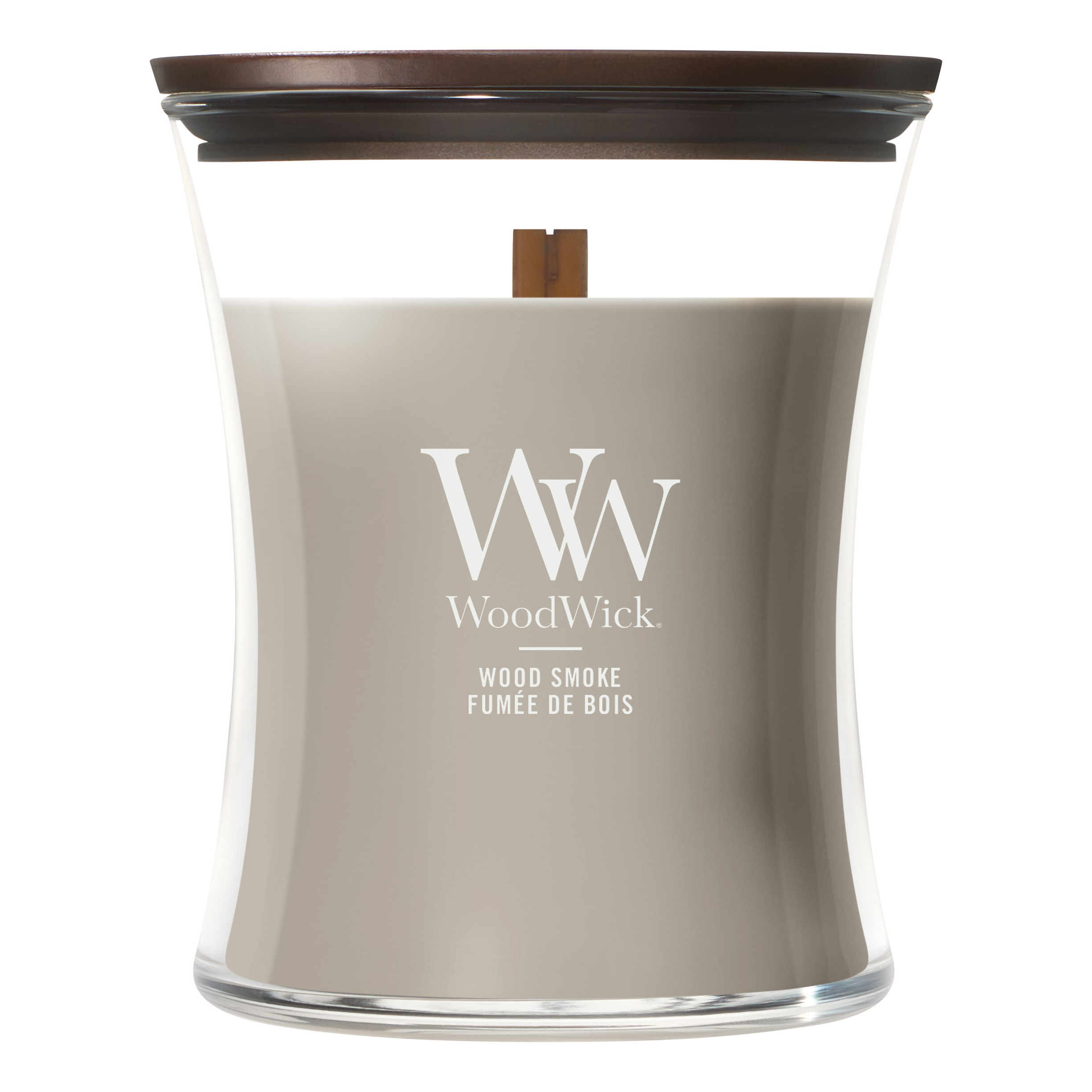 WoodWick Kerze frontal WoodWick Wood Smoke Kerze im Glas frontal vor weißem Hintergrund