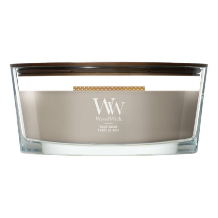 Nahaufnahme der WoodWick Wood Smoke Kerze mit sichtbarem Holzdeckel