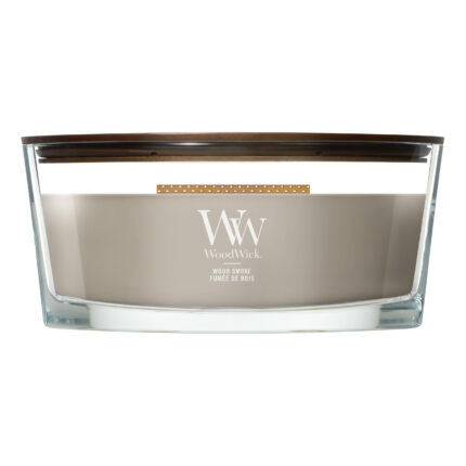 Nahaufnahme der WoodWick Wood Smoke Kerze mit sichtbarem Holzdeckel