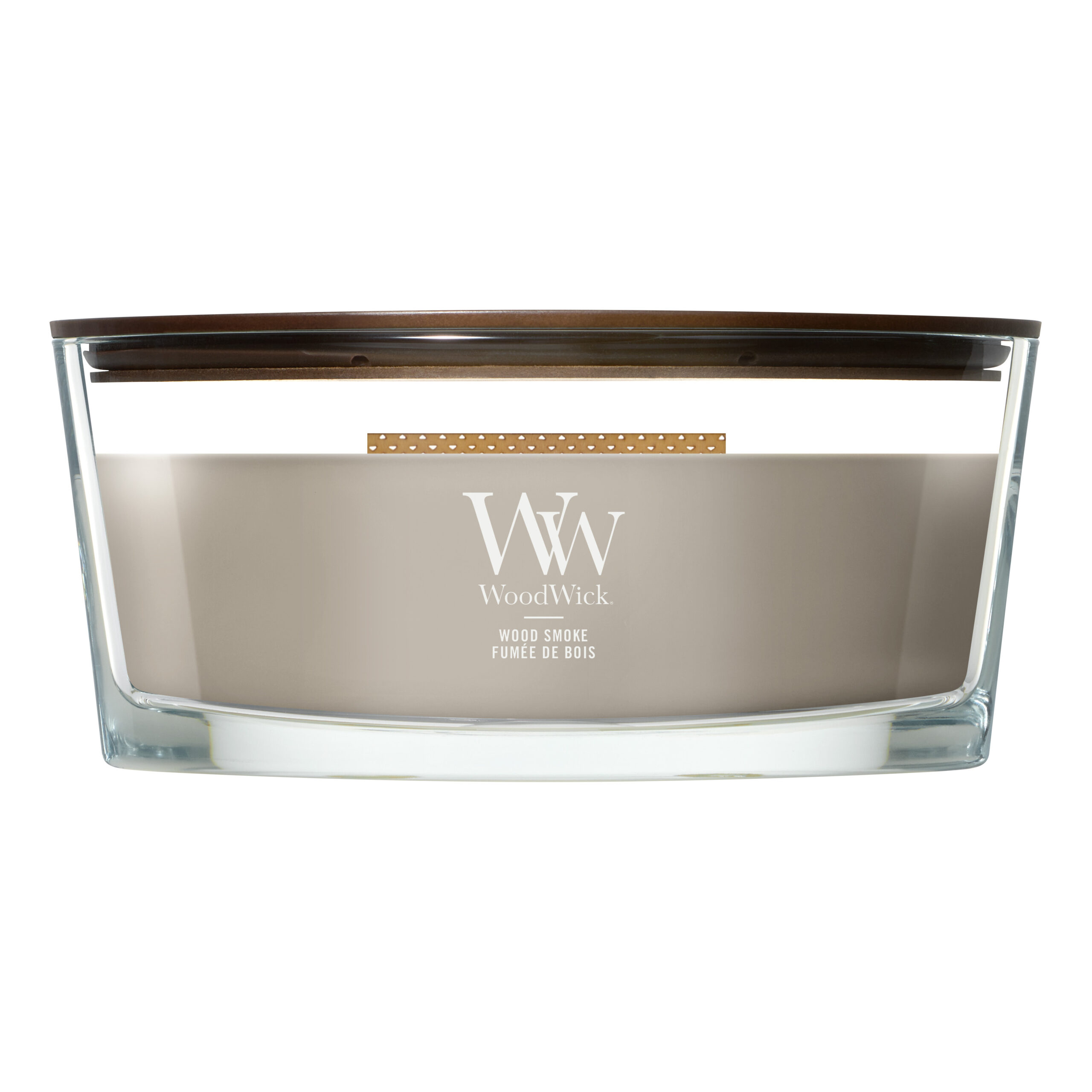 WoodWick Wood Smoke Detail Nahaufnahme der WoodWick Wood Smoke Kerze mit sichtbarem Holzdeckel