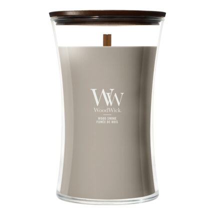Frontansicht der WoodWick Wood Smoke Kerze im Glas mit Holzdocht