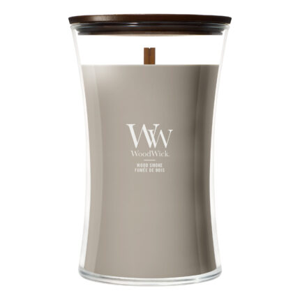 Frontansicht der WoodWick Wood Smoke Kerze im Glas mit Holzdocht