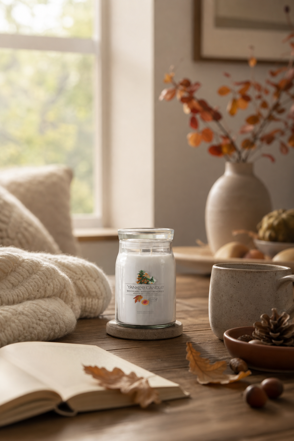 Yankee Candle Glasvotivkerze Woodland Weekend Memories auf einem Holztisch