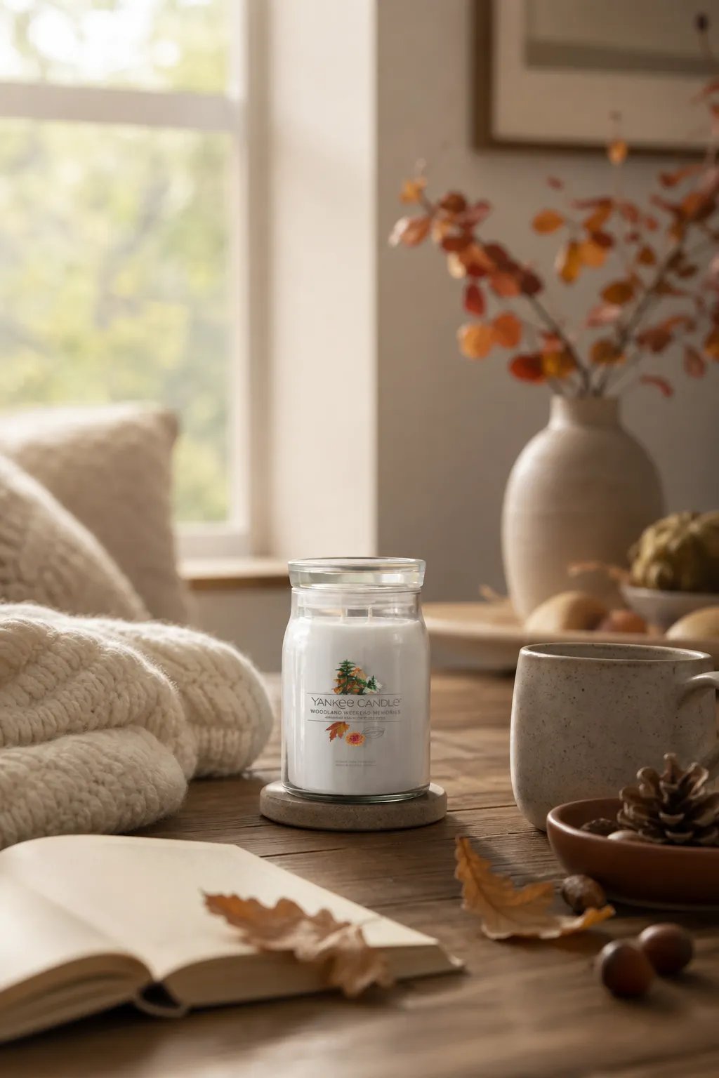 Yankee Candle Glasvotivkerze Woodland Weekend Memories auf einem Holztisch