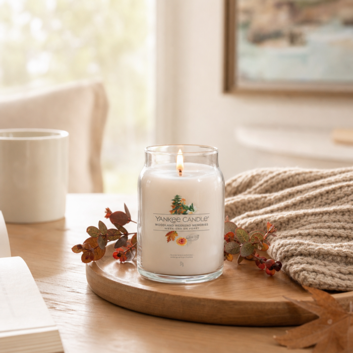Brennende Yankee Candle Glasvotivkerze Woodland Weekend Memories auf Holztablett