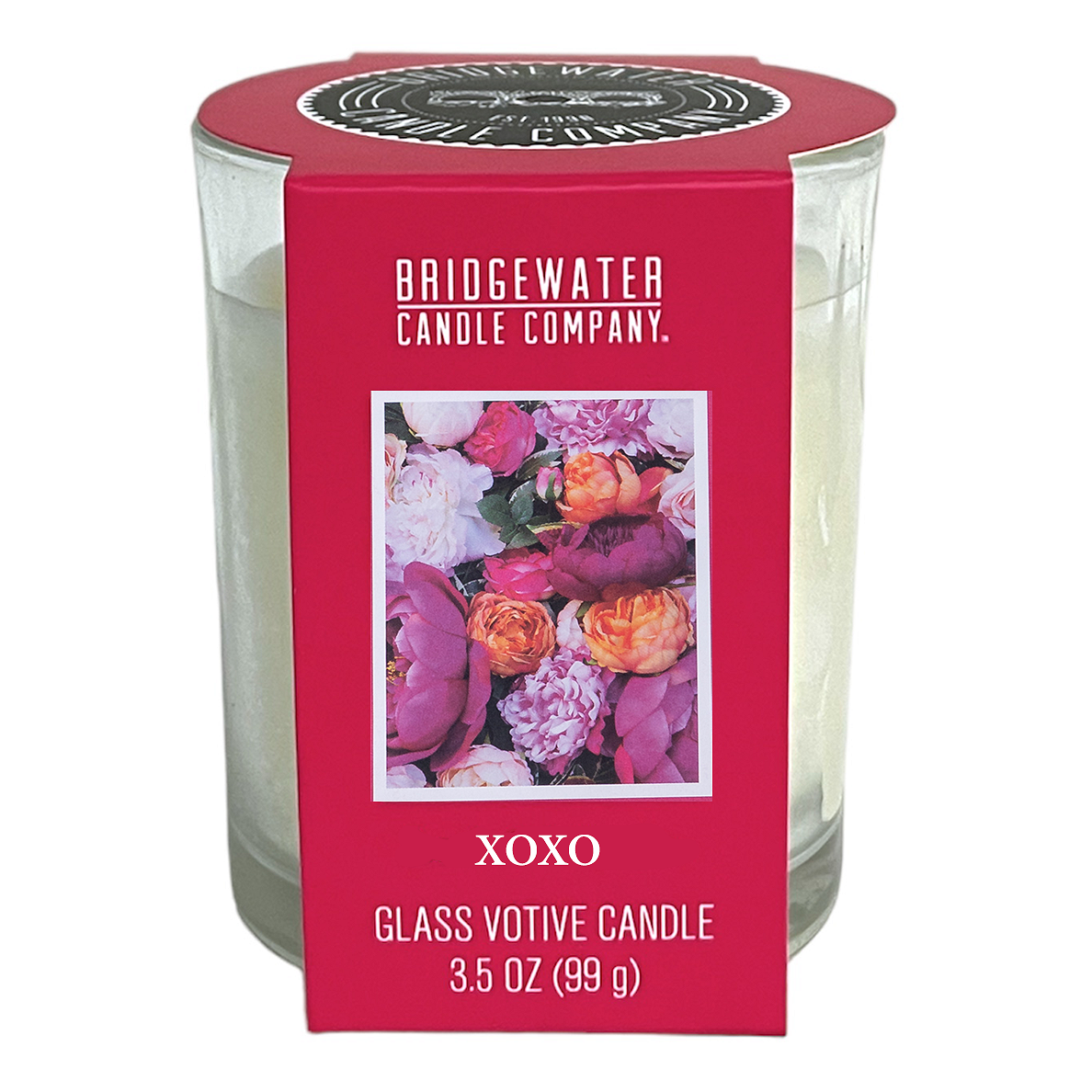 Verpackte XOXO Glasvotivkerze Frontansicht der verpackten XOXO Glasvotivkerze mit Blumenmotiv
