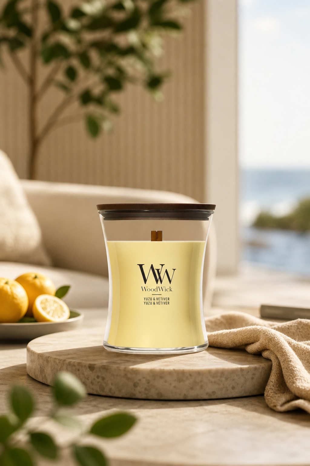 WoodWick Yuzu & Vetiver Kerze auf einem Tisch im Wohnbereich