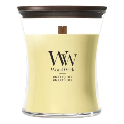 WoodWick Yuzu & Vetiver Kerze mit sichtbarem Holzdocht