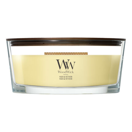 Frontansicht der WoodWick Yuzu & Vetiver Kerze im Glas