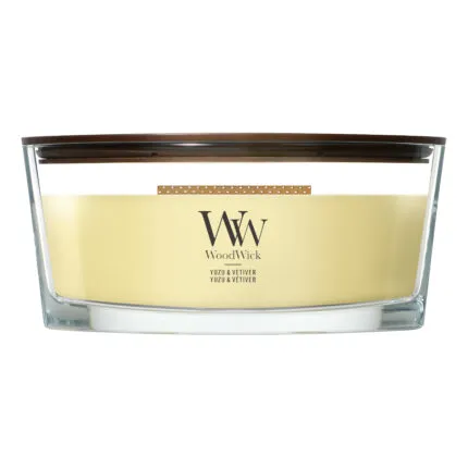 Frontansicht der WoodWick Yuzu & Vetiver Kerze im Glas