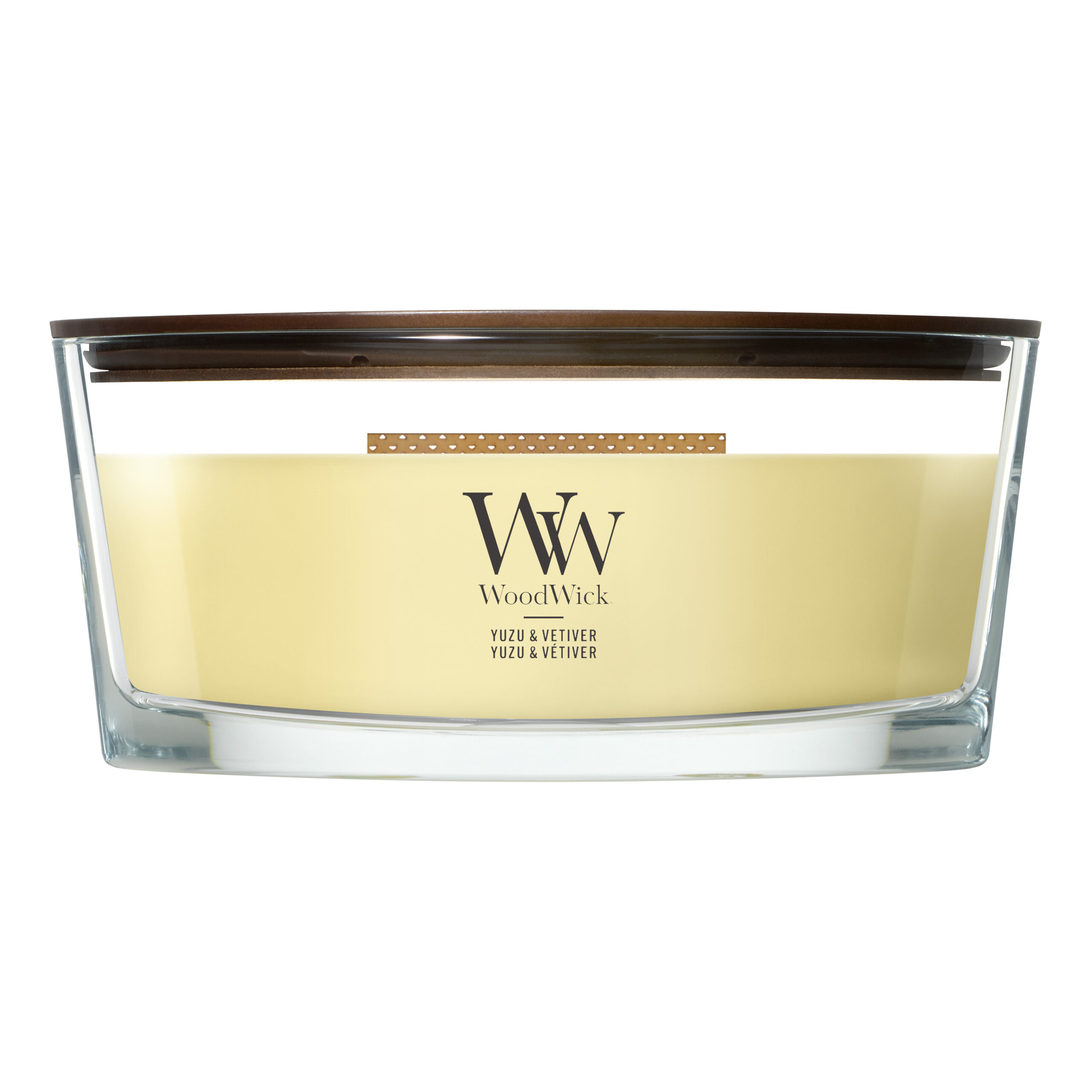WoodWick Kerze frontal Frontansicht der WoodWick Yuzu & Vetiver Kerze im Glas