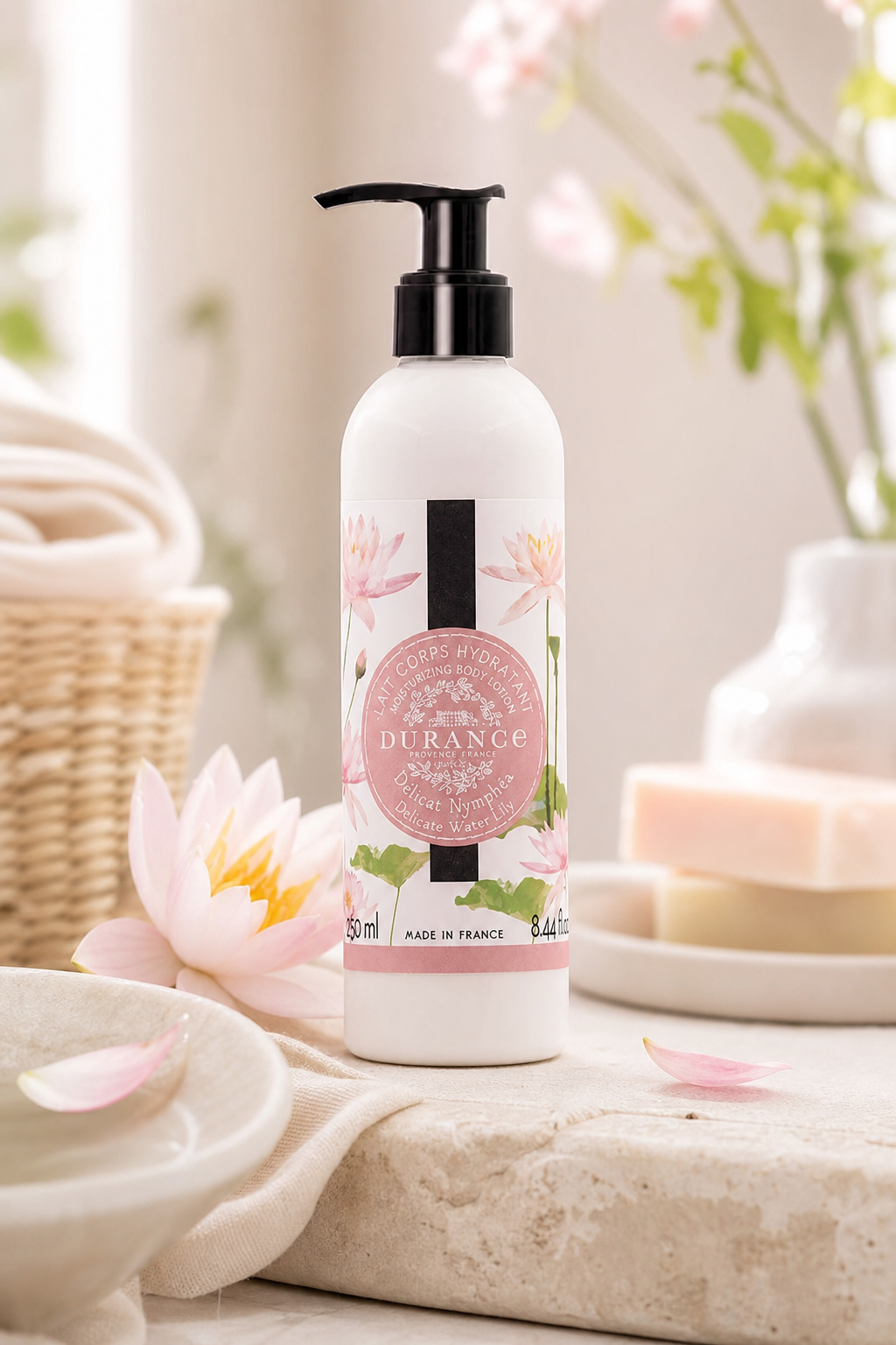 Zarte Seerose Bodylotion 250ml in einer stimmungsvollen Anwendungsszene