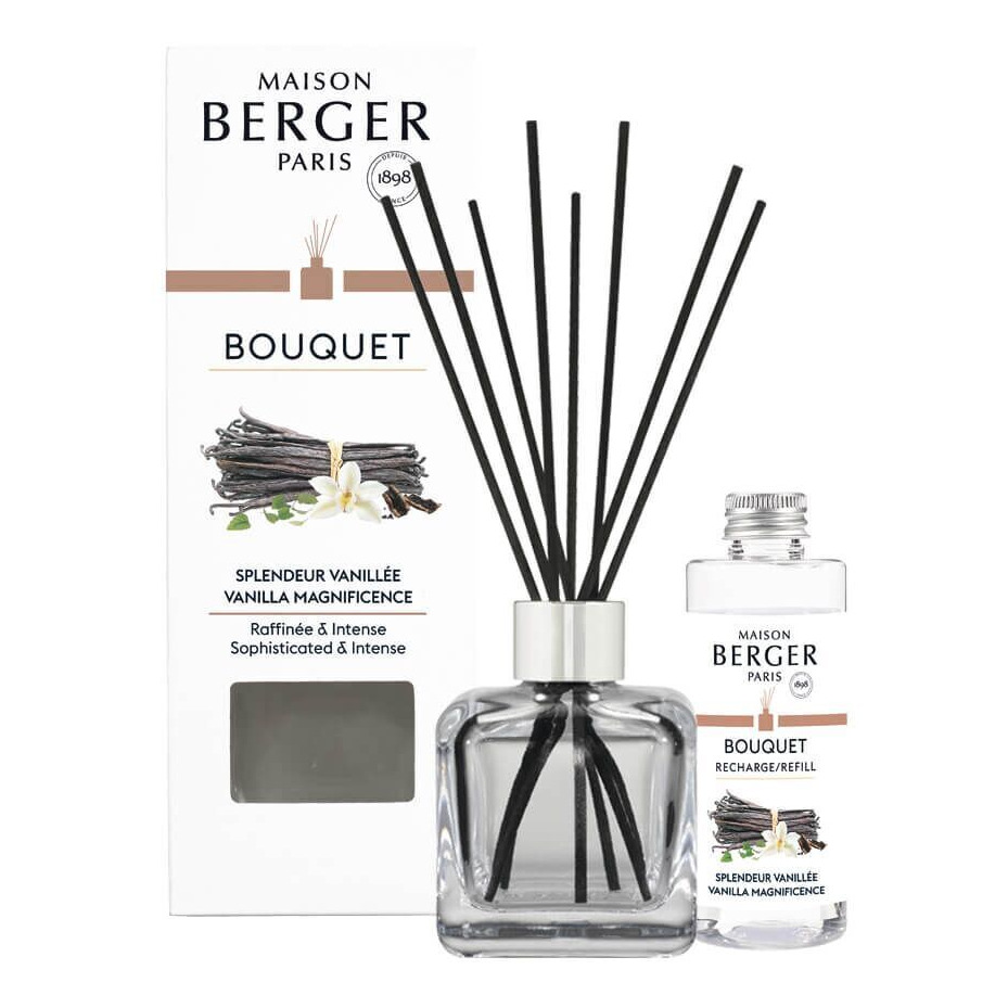 Diffuser-Set mit Verpackung und Nachfüllflasche Diffuser mit schwarzen Duftstäbchen, Verpackung und Nachfüllflasche