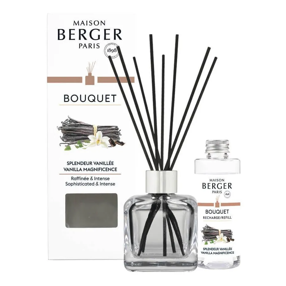 Diffuser-Set mit Verpackung und Nachfüllflasche Diffuser mit schwarzen Duftstäbchen, Verpackung und Nachfüllflasche