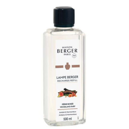 Transparente Maison Berger Nachfüllflasche mit schwarzem Verschluss und 500-ml-Etikett