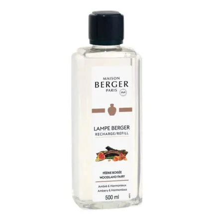 Transparente Maison Berger Nachfüllflasche mit schwarzem Verschluss und 500-ml-Etikett