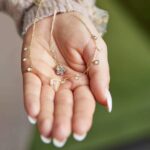 Goldfarbene Halskette mit Blumenanhänger und mehreren runden Anhängern in einer Hand