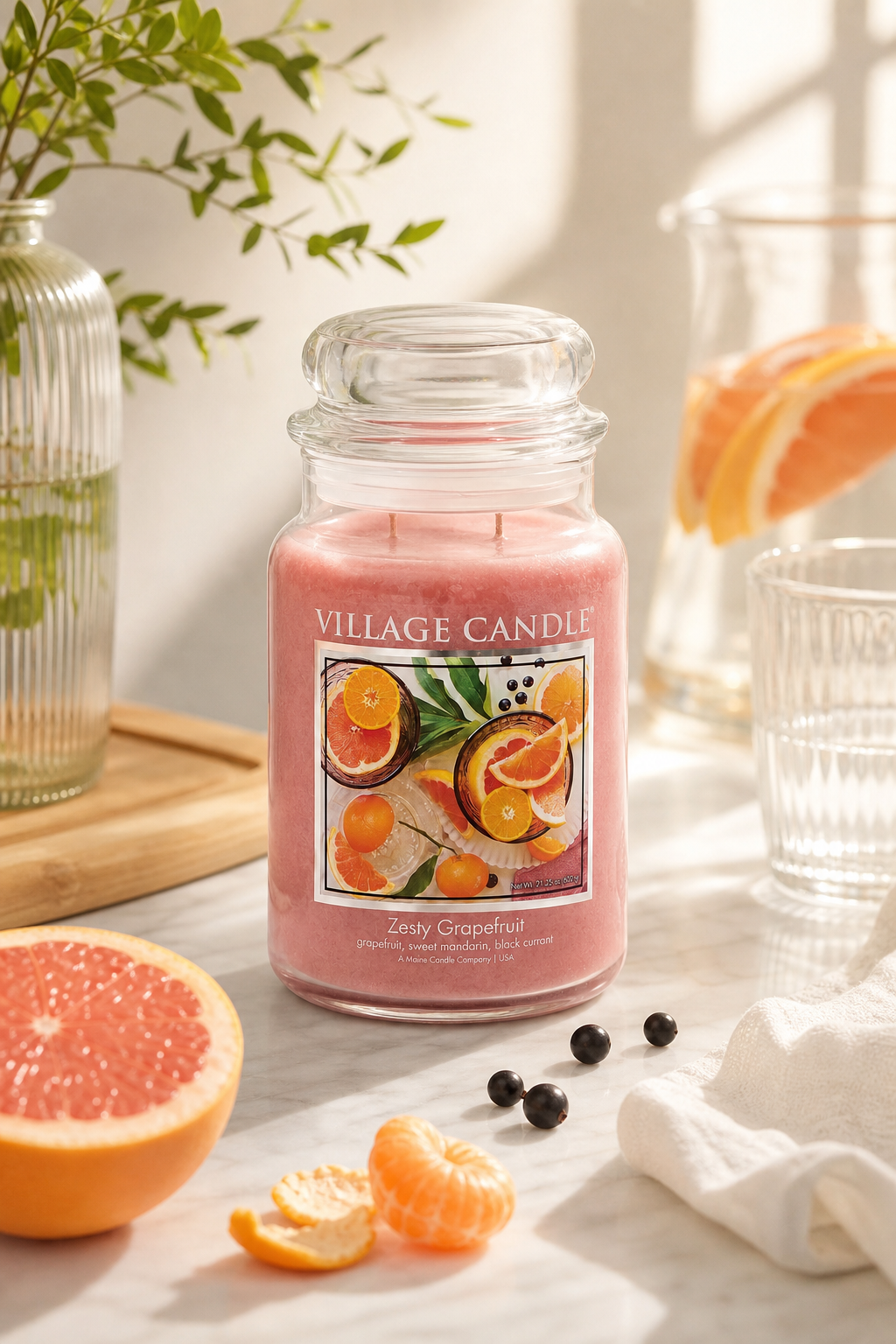 Zesty Grapefruit Kerze von Village Candle steht auf einem Tisch neben Zitrusfrüchten