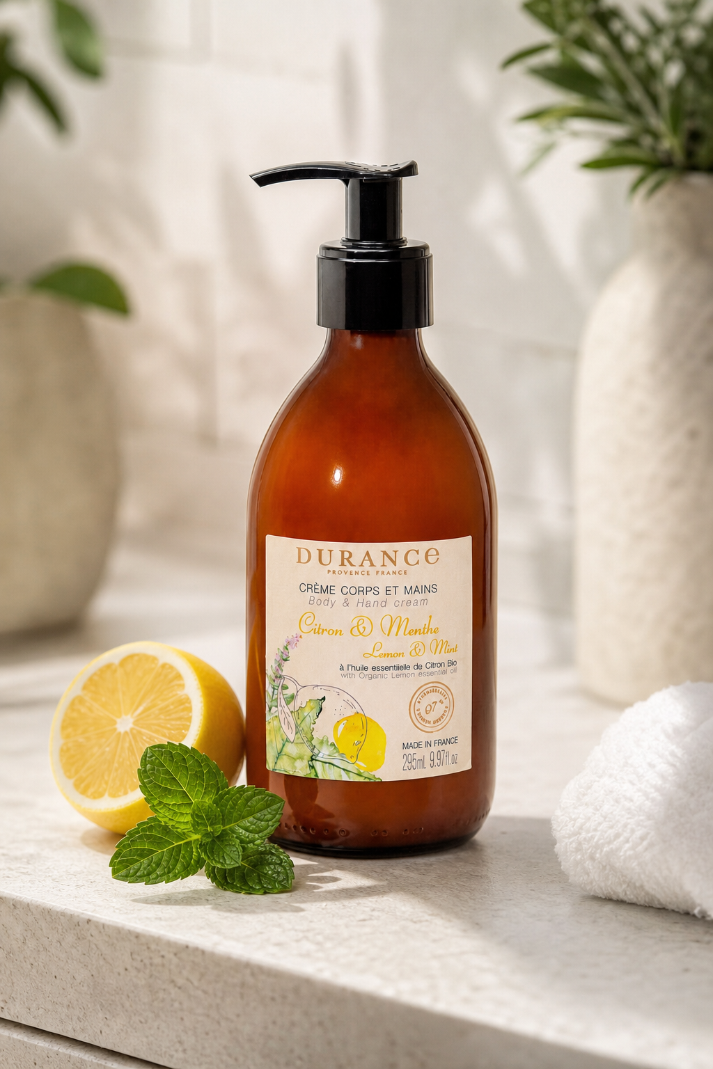 Zitrone & Minze Körper- und Handcreme 295ml – Stimmungsbild Zitrone & Minze Körper- und Handcreme 295ml in einer stimmungsvollen Anwendungsszene