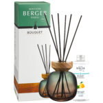 Raumduft-Diffuser mit Holzaufsatz, Duftstäbchen, Verpackung und Nachfüllflasche