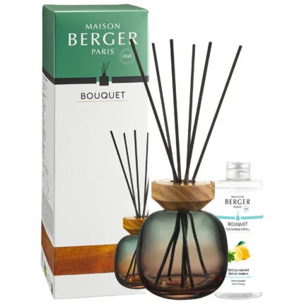 Raumduft-Diffuser mit Holzaufsatz, Duftstäbchen, Verpackung und Nachfüllflasche
