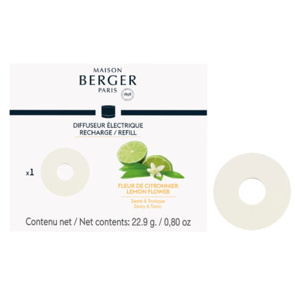 Runde Nachfüllscheibe neben der Maison Berger Zitronenblüte-Verpackung