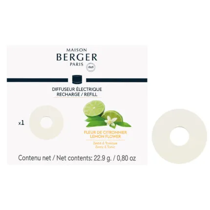 Runde Nachfüllscheibe neben der Maison Berger Zitronenblüte-Verpackung