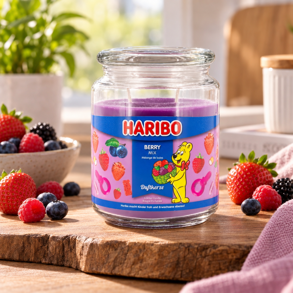 Haribo Duftkerze Vanilla Waffle Cream auf heller Fensterbank mit natürlichem Licht