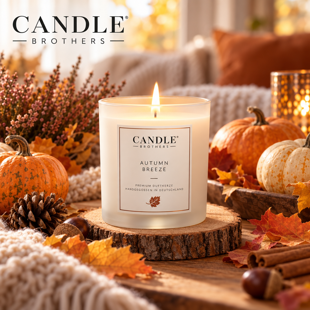 Candle Brothers Duftkerze umgeben von herbstlicher Dekoration