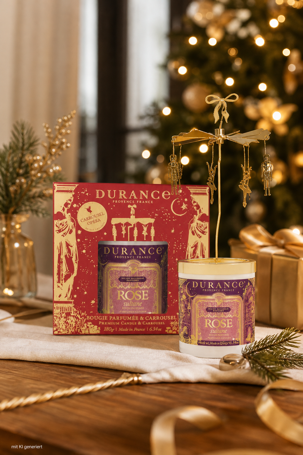 Set mit Karussel und Duftkerze 180gr Edelrose Sultane – Stimmungsbild Duftkerze Edelrose 180g mit Karussell – Produktansicht