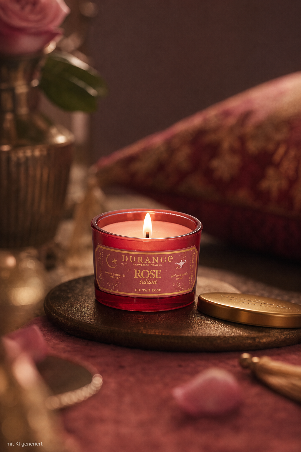 Natürliche Duftkerze 90g Edelrose Sultane von Durance – Stimmungsbild Duftkerze Edelrose 90g von Durance – Produktansicht