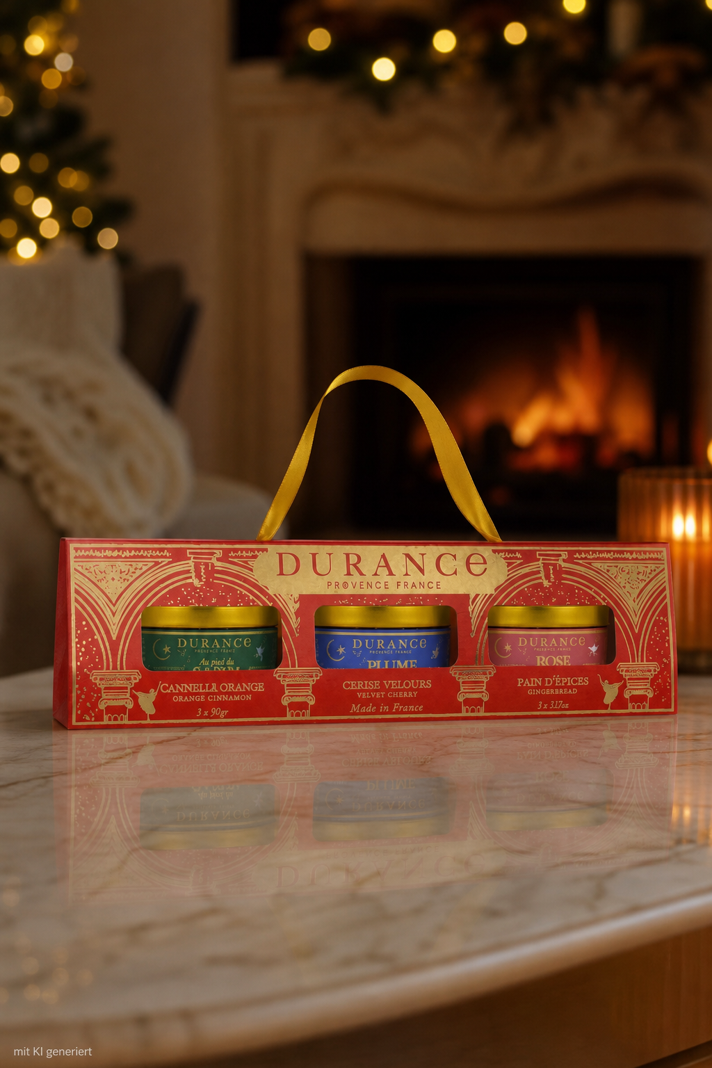 Geschenkset Duftkerzen 3x90g Am Tannenbaum, Ballerina, Edelrose – Stimmungsbild Geschenkset Duftkerzen 3x90g Am Tannenbaum, Ballerina – Produktansicht