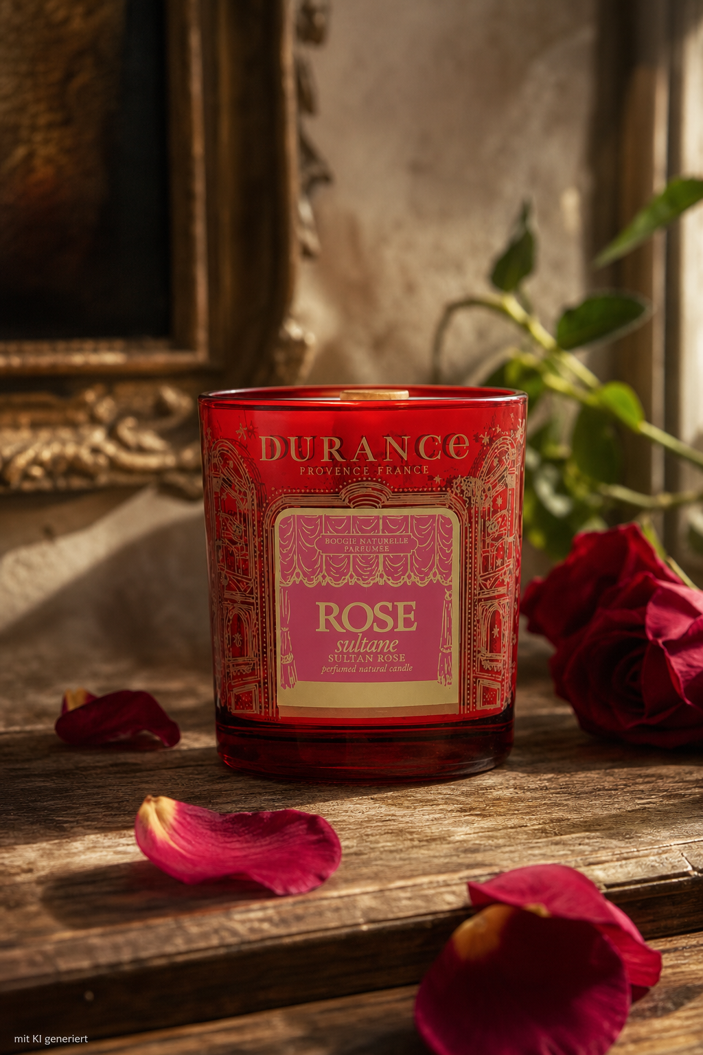 Natürliche Duftkerze 300g Edelrose Sultane von Durance – Stimmungsbild Natürliche Duftkerze 300g Edelrose Sultane von Durance – Produktansicht
