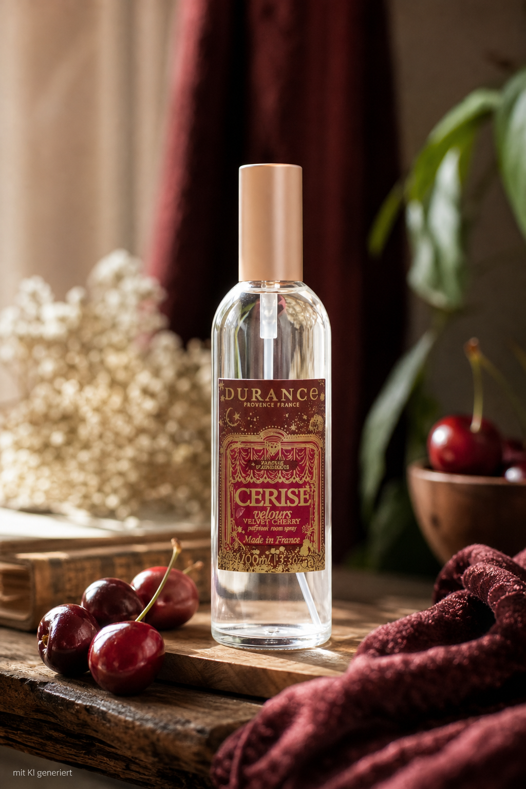 Raumspray 100 mL Samtige Kirsche von Durance – Stimmungsbild Raumspray 100 mL Samtige Kirsche von Durance – Produktansicht